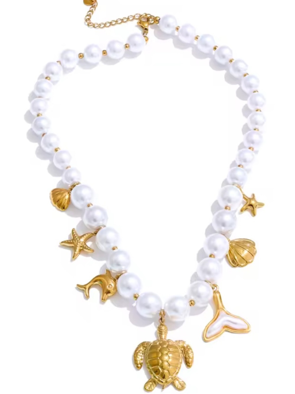 Gold Turtle Pearl Sea Life Charm Necklace